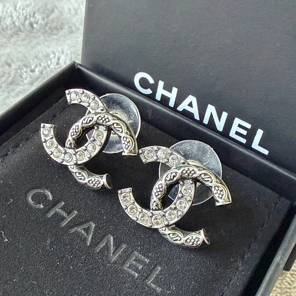CHANEL Silver & Crystal CC Earrings - Picture 3 of 9